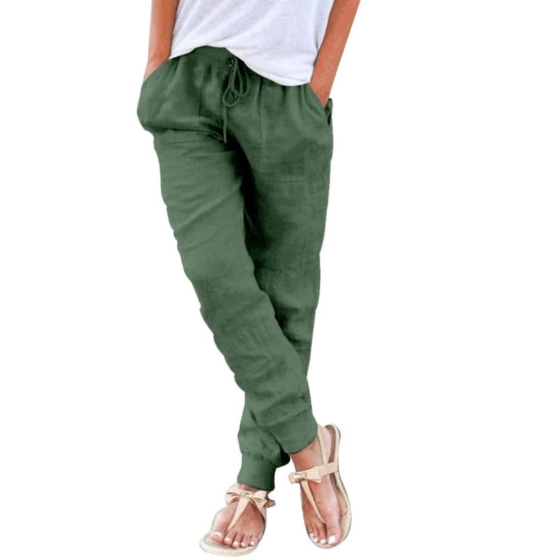 Puimentiua Womens Tapered Pants Cotton Linen Drawstring Back Elastic Waist Pants Casual Trousers with Pockets - Image 1